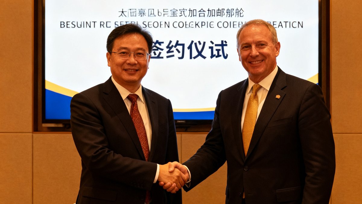 签约仪式现场，太阳贵宾会代表与皇家加勒比邮轮高管握手，背景是合作协议展示板