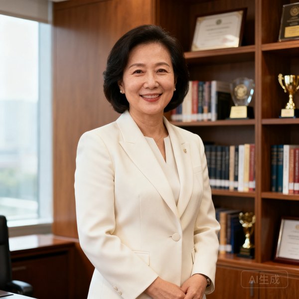 副总裁林淑华女士，约40岁，身穿米白色职业套装，站在办公室书架前微笑